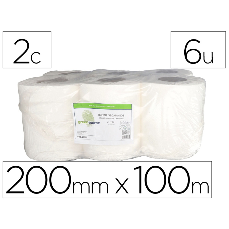 Papel secamanos bunzl greensource celulosa blanco 2 capas 200 mm x 100 mt paquete de 6 unidades