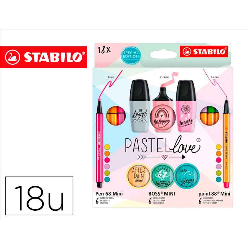 Set stabilo pastel love mini world pen 68 / point 88 / boss 18 unidades surtidas