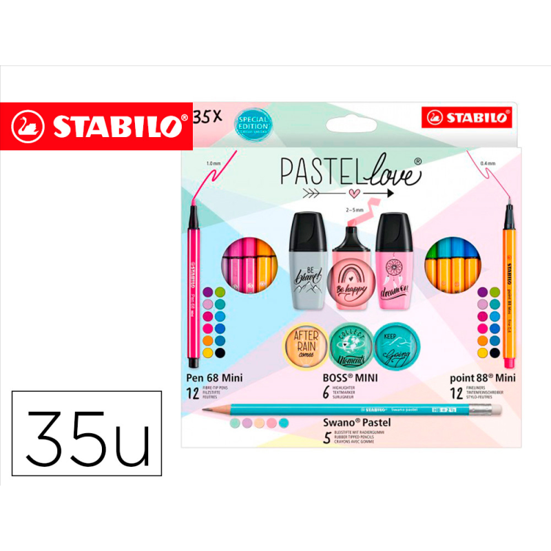Set stabilo pastel love mini world pen 68 / point 88 / boss / swano 35 unidades surtidas