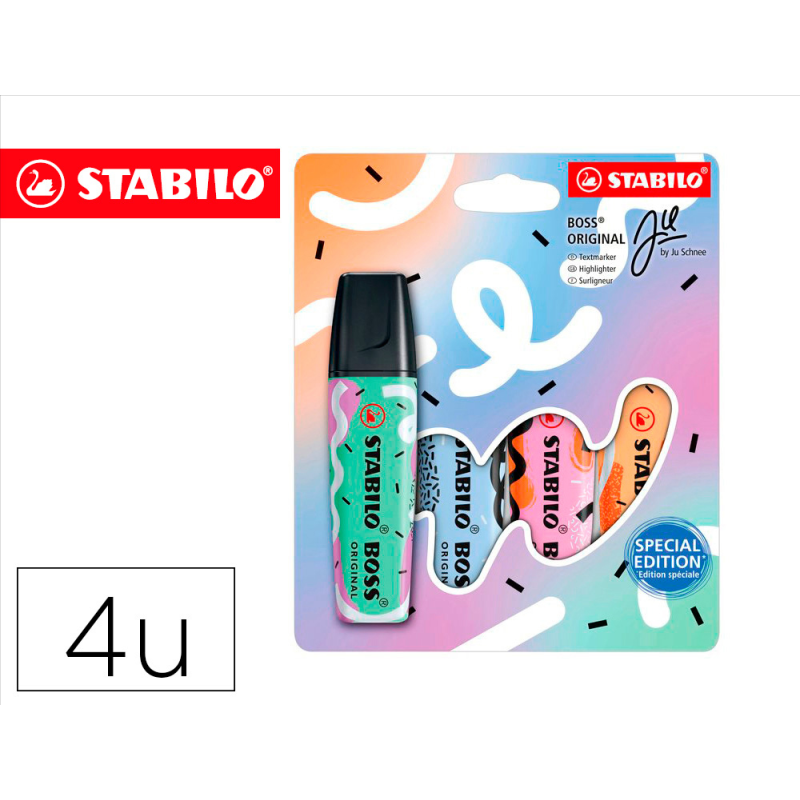 Rotulador stabilo boss fluorescente original pastel by ju schnee estuche de 4 colores surtidos