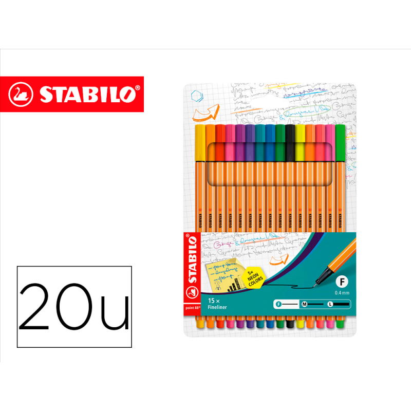 Rotulador stabilo punta de fibra point 88 estuche de 15 unidades colores surtidos + 5 colores neon
