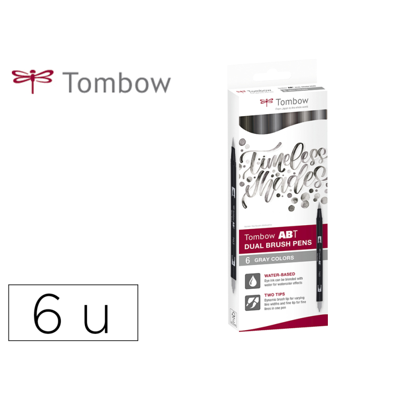 Rotulador tombow abt dual brush acuarelable doble punta fina/pincel estuche de 6 colores gama grises