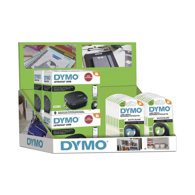 Expositor de sobremesa rotuladora dymo letratag b-200 con 6 unidades + 20 cintas