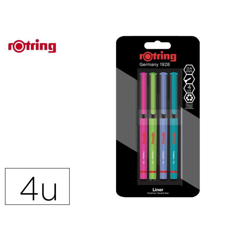 Rotulador rotring fineliner punta metalica 0,4 mm pack de 4 colores surtidos