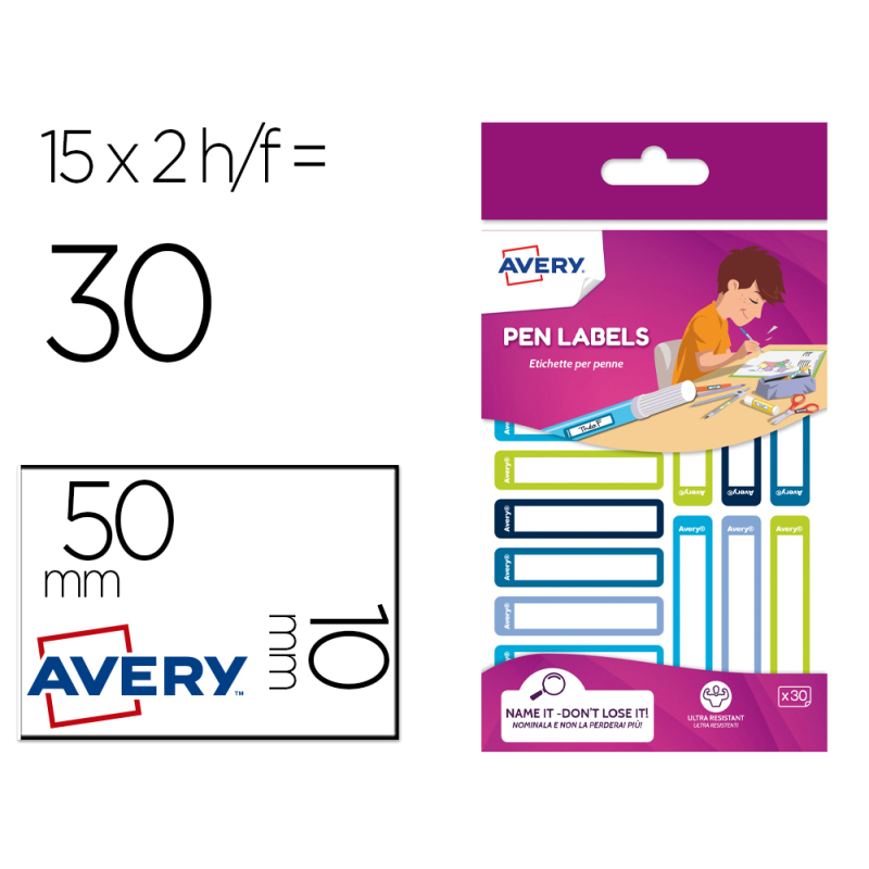 Etiqueta avery para boligrafos y lapices azul y verde 50x10 mm blister de 30 unidades