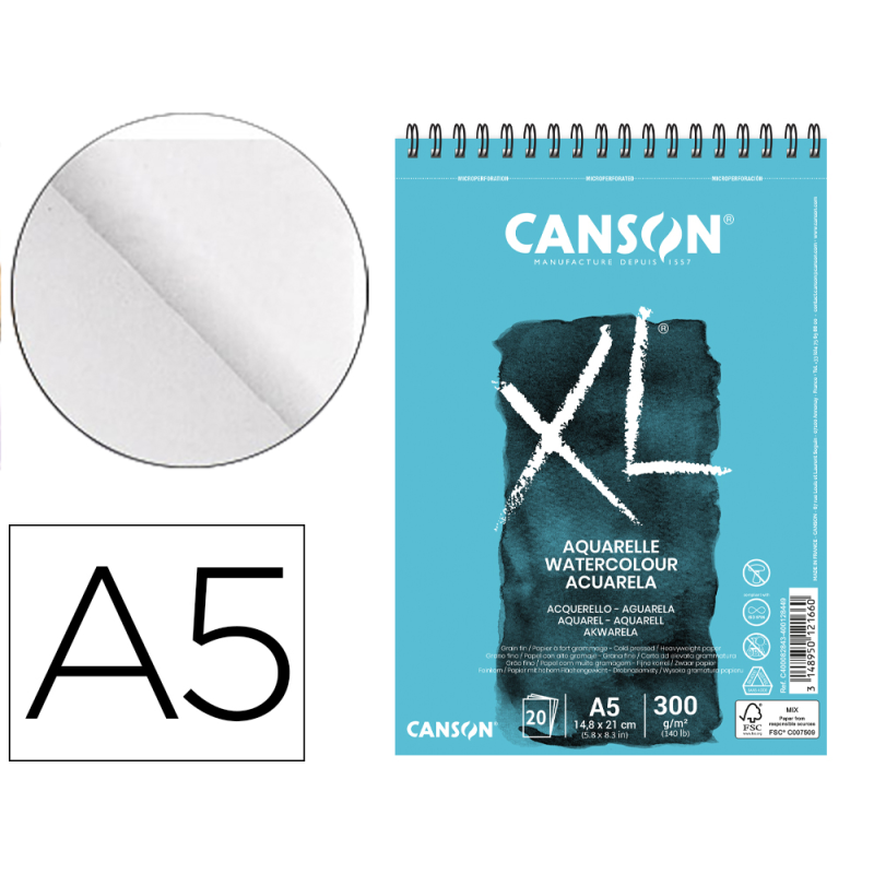 Bloc dibujo acuarela canson xl aquarelle grano fino din a5 microperforado espiral 14,8x21 cm 20 hojas 300 gr/m2