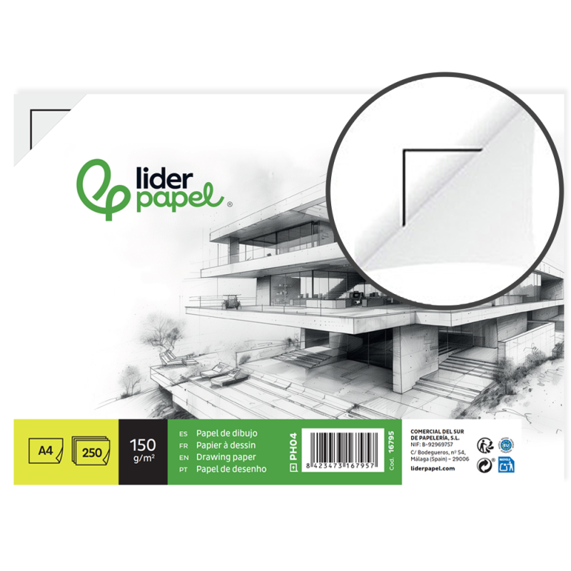 Papel dibujo liderpapel 210x297mm 150g/m2 con cajetin para datos