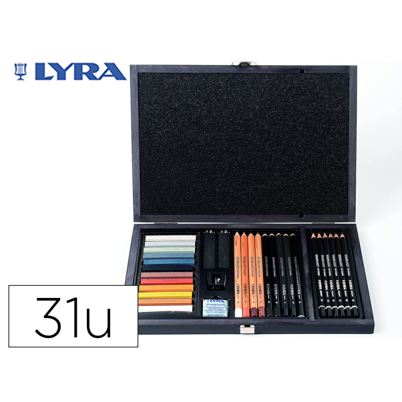 Set dibujo lyra estuche de madera con 31 piezas surtidas