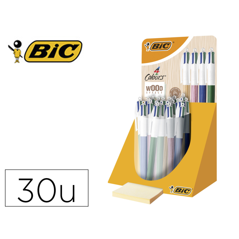 Boligrafo bic cuatro colores wood expositor de 30 unidades colores surtidos