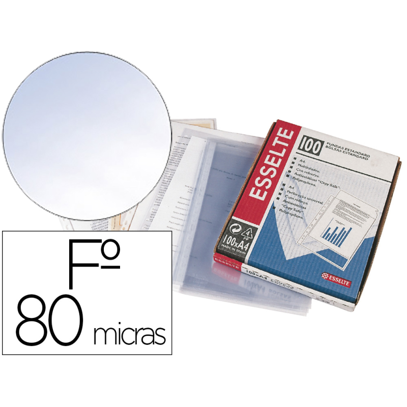 Funda multitaladro esselte folio pvc cristal 80 mc con refuerzo caja de 100 unidades