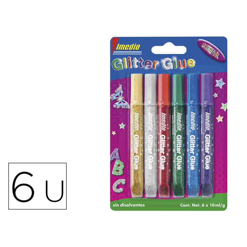 Pegamento imedio glitter glue original para manualidades 10ml blister de 6 unidades colores surtidos