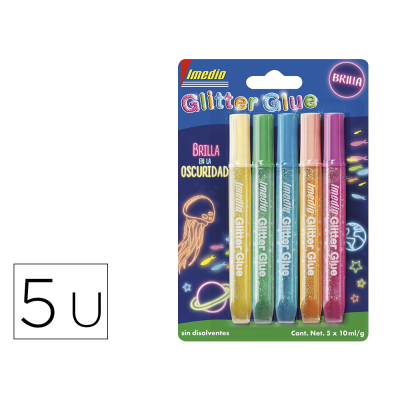 Pegamento imedio glitter glue brilla en la oscuridad para manualidades 10 ml blister de 5 unidades colores surtidos
