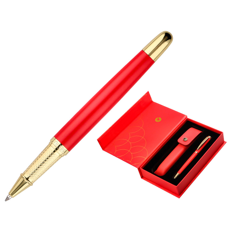 Boligrafo y estuche belius passion dor aluminio textura cepillada color rojo y dorado tinta azul caja de diseño