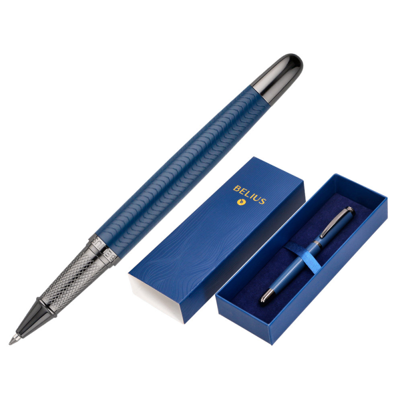 Boligrafo belius neptuno aluminio textura wavy color azul marino tinta azul caja de diseño