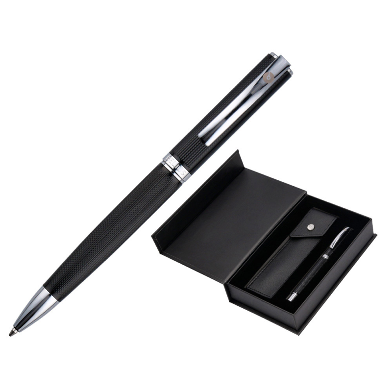 Boligrafo y estuche belius turbo aluminio textura punteada negro y plateado tinta azul caja de diseño