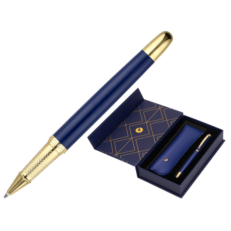 Boligrafo y estuche belius soiree color azul marino y dorado tinta azul caja de diseño