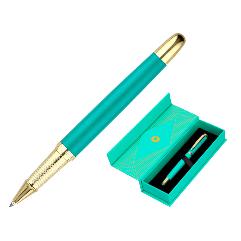 Boligrafo belius soiree aluminio color art deco turquesa y dorado tinta azul caja de diseño