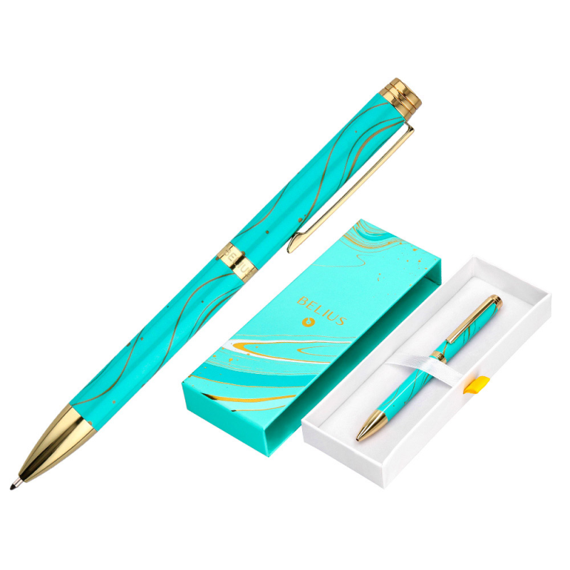 Boligrafo belius aqua aluminio color turquesa y dorado tinta azul caja de diseño