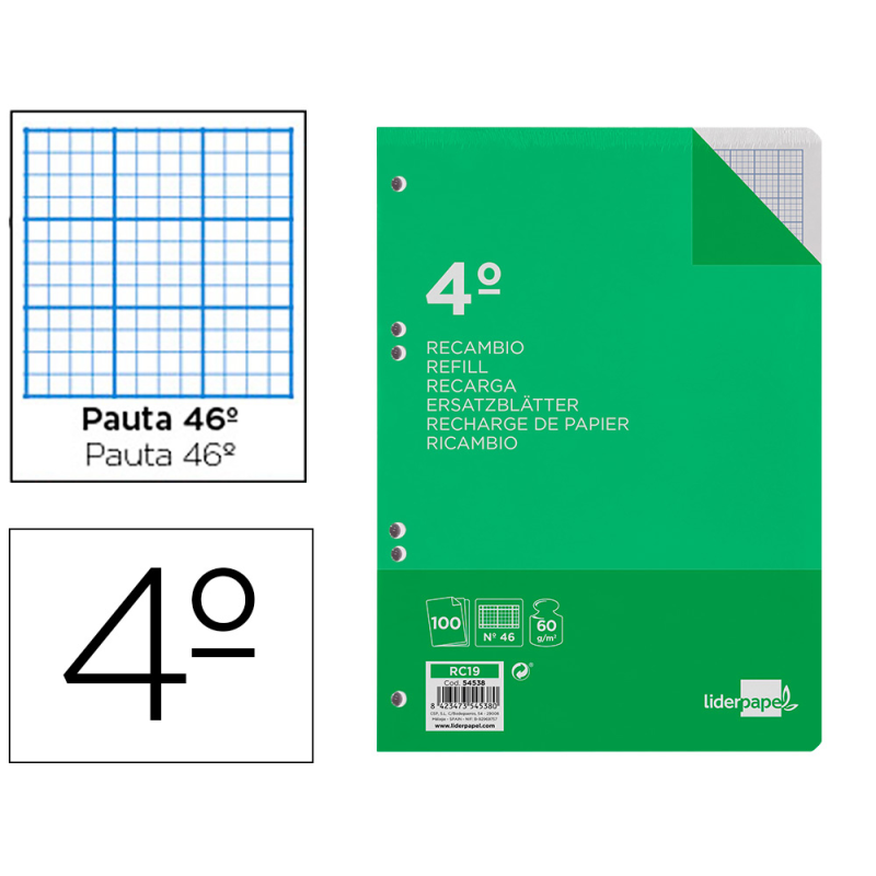 Recambio liderpapel cuarto 100 hojas 60gr rayado nº 46 6 taladros