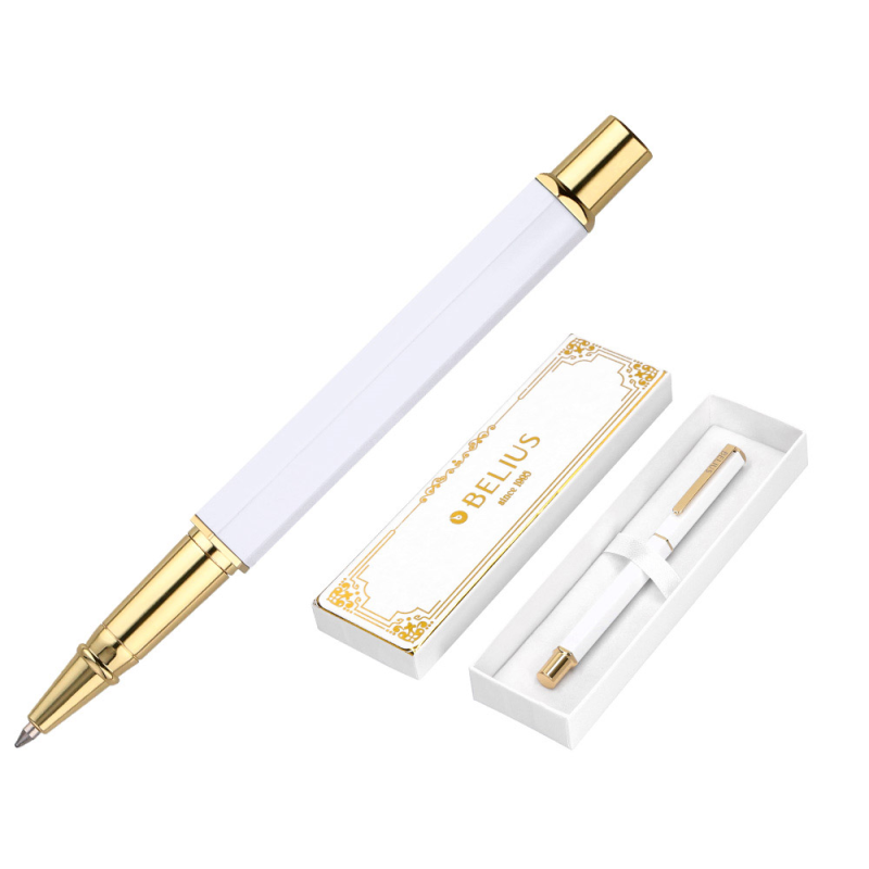 Boligrafo belius macaron bliss forma hexagonal color blanco y dorado tinta azul caja de diseño
