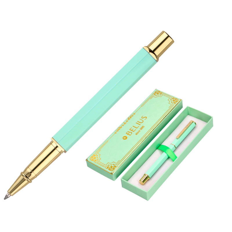 Boligrafo belius macaron bliss forma hexagonal color verde dorado tinta azul caja de diseño