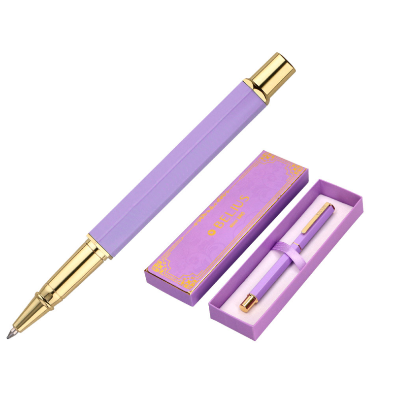 Boligrafo belius macaron bliss forma hexagonal color morado y dorado tinta azul caja de diseño