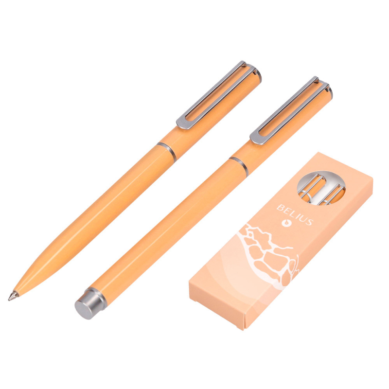 Juego boligrafo y roller belius endless summer aluminio color naranja y plateado tinta azul caja de diseño