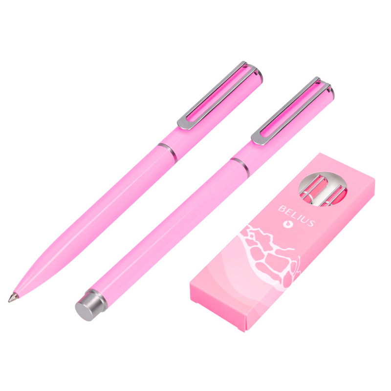 Juego boligrafo y roller belius endless summer aluminio color rosa y plateado tinta azul caja de diseño