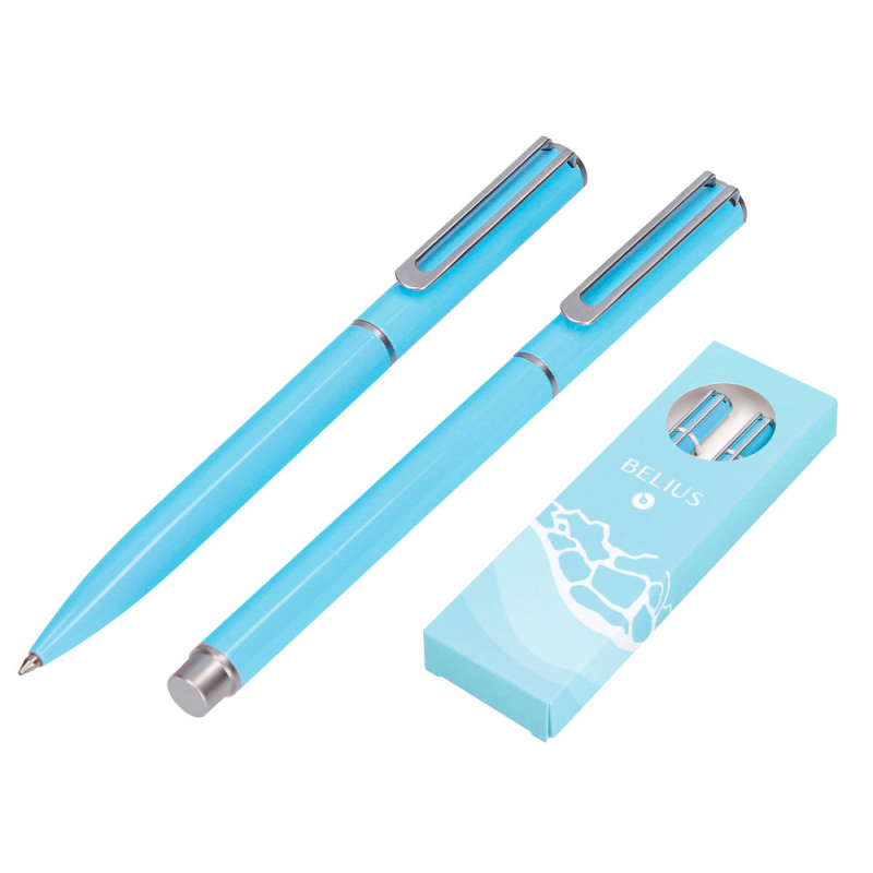 Juego boligrafo y roller belius endless summer aluminio color celeste y plateado tinta azul caja de diseño