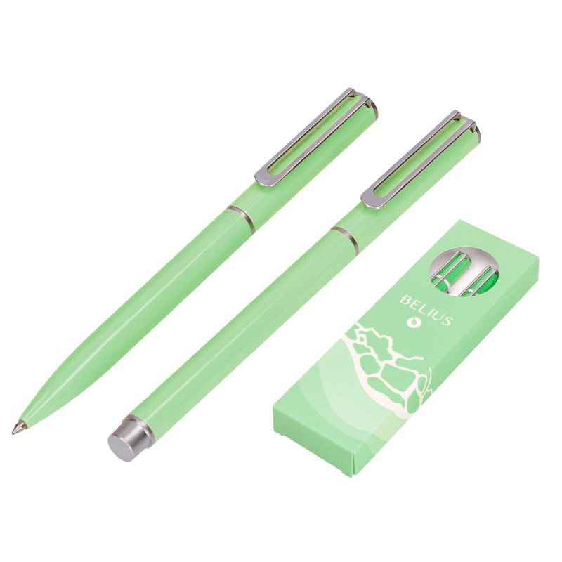 Juego boligrafo y roller belius endless summer aluminio color verde y plateado tinta azul caja de diseño
