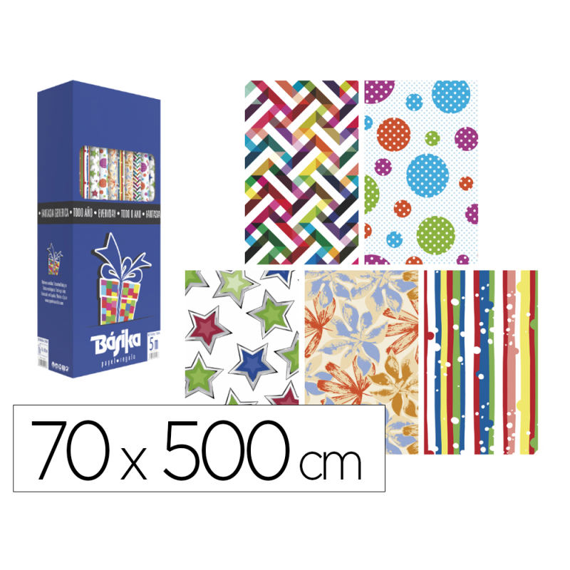 Papel de regalo basika todo año rollo ancho 70 cm longitud 5 m modelos surtidos gramaje 50 gr