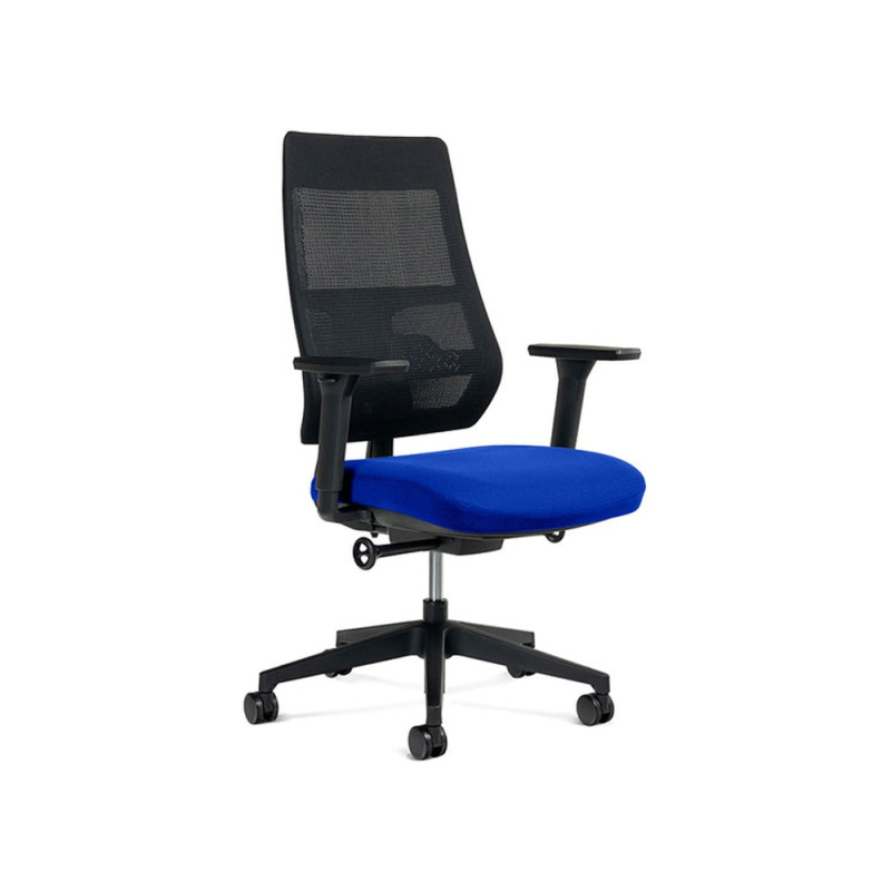 Silla rocada direccion con brazos regulables base polimero respaldo de malla y asiento en tela azul