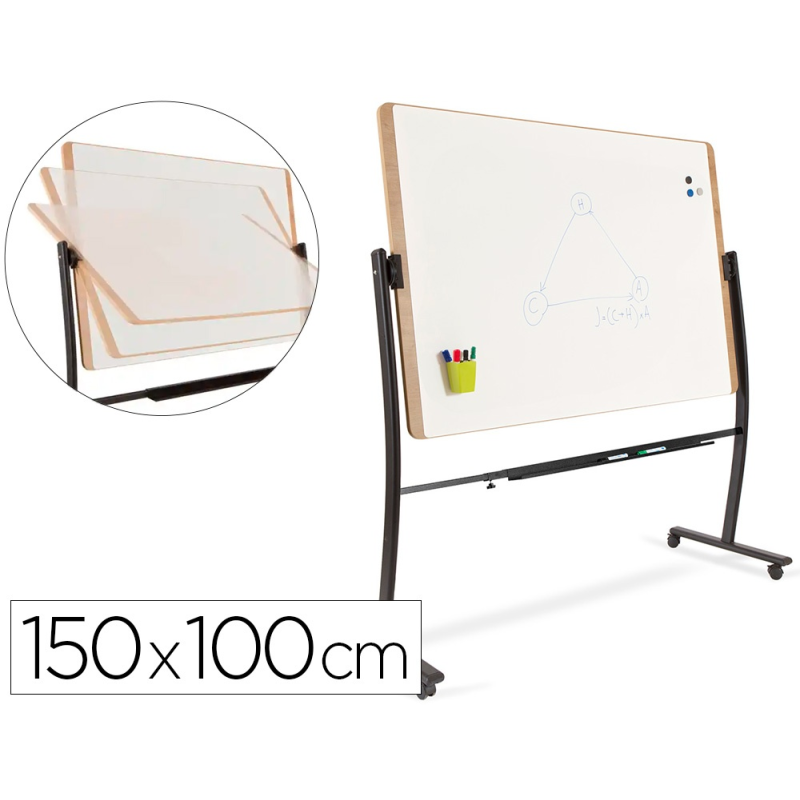 Pizarra blanca rocada lacada magnetica marco aluminio doblecara volteable curve con ruedas 100x150 cm
