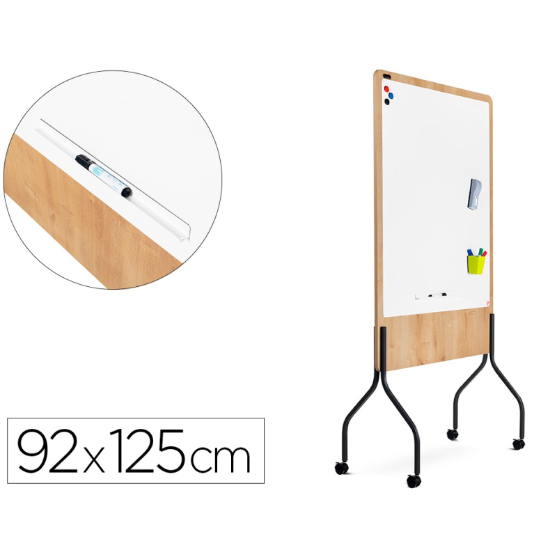 Pizarra blanca rocada doble cara lacada magnetica tablero melamina roble base con 4 ruedas 92x125 cm