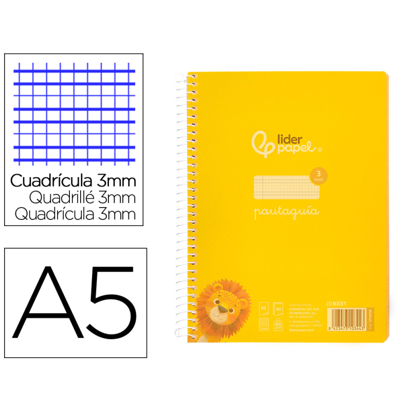 Cuaderno espiral liderpapel a5 pautaguia tapa plastico 80h 90gr cuadro pautado 3 mm con margen color amarillo