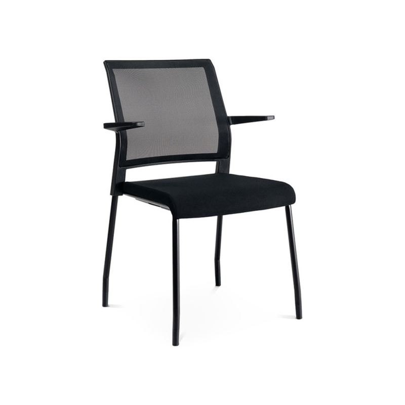 Silla rocada confidente brazos fijos estructura metalica asiento tela ignifuga negro respaldo malla