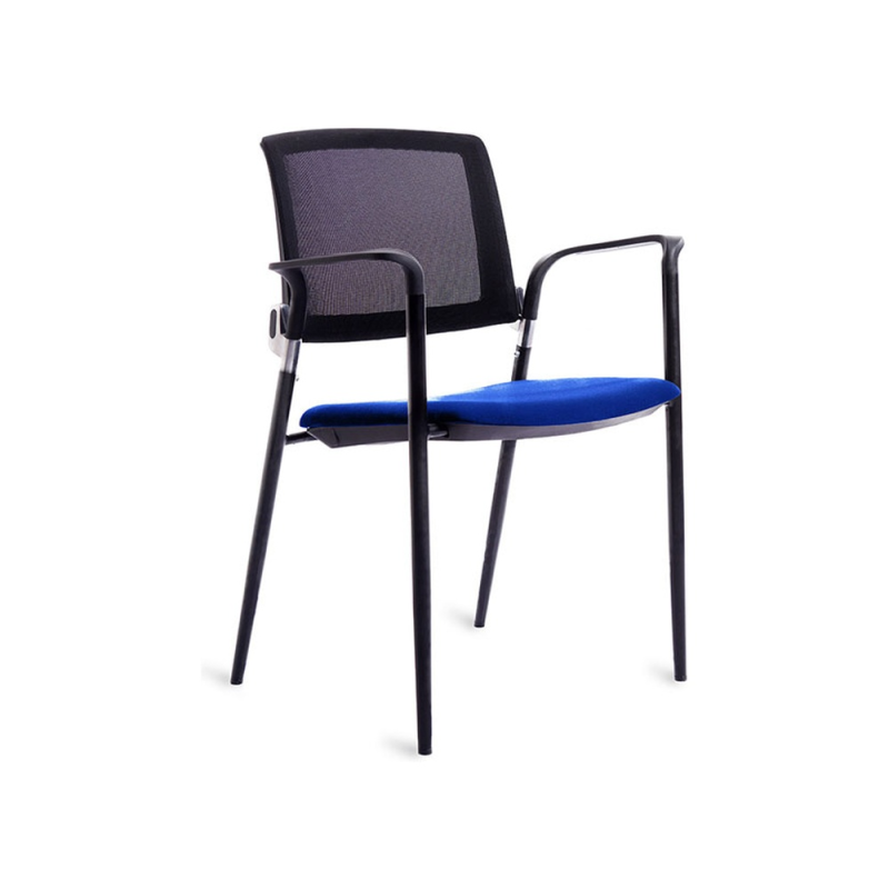 Silla rocada confidente brazos fijos estructura metalica asiento tela ignifuga azul respaldo malla