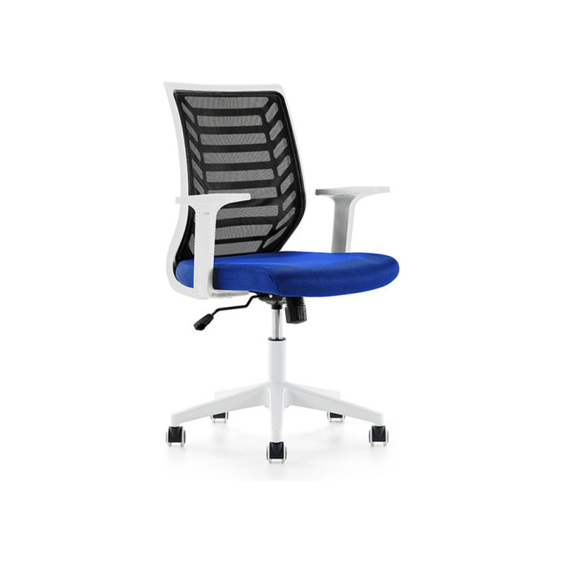 Silla rocada de oficina brazos regulables estructura blanca respaldo malla y asiento tela ignifuga azul