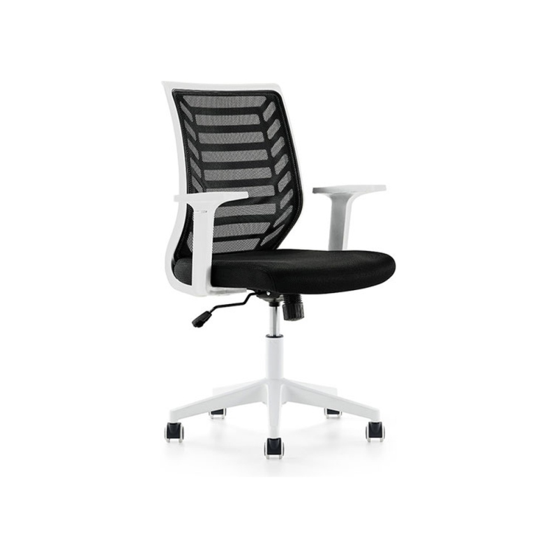 Silla rocada de oficina brazos regulables estructura blanca respaldo malla y asiento tela ignifuga negro