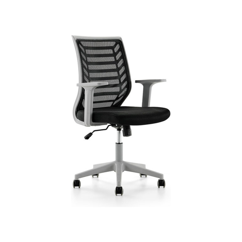 Silla rocada de oficina brazos regulables estructura gris respaldo malla y asiento tela ignifuga negro
