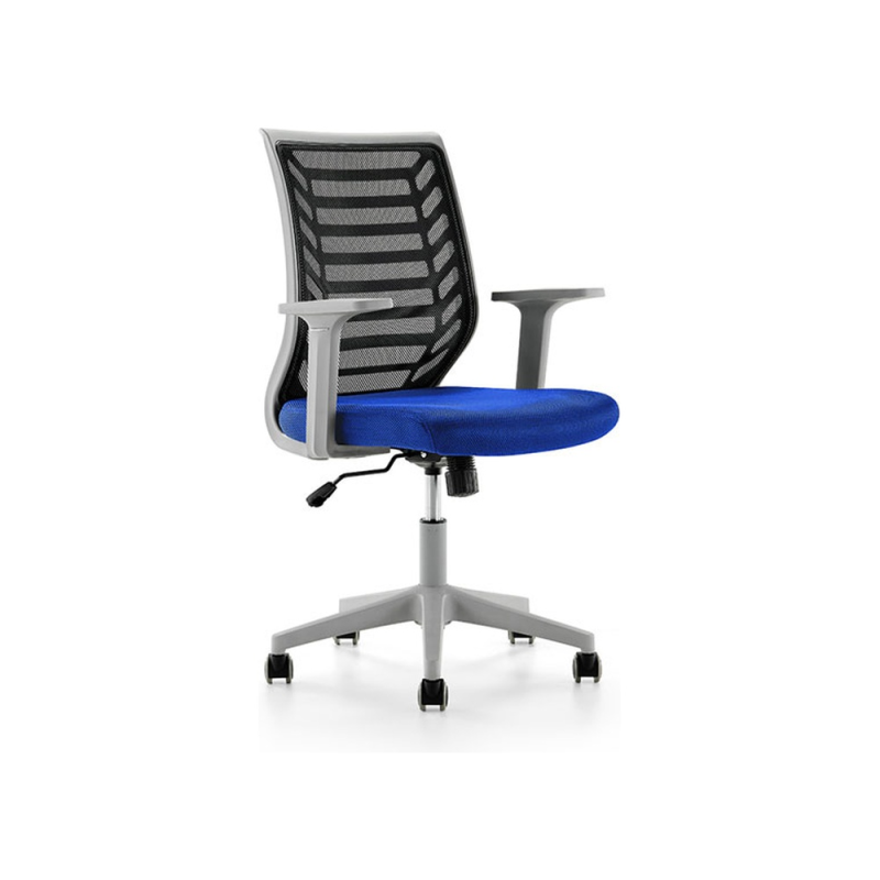 Silla rocada de oficina brazos regulables estructura gris respaldo malla y asiento tela ignifuga azul