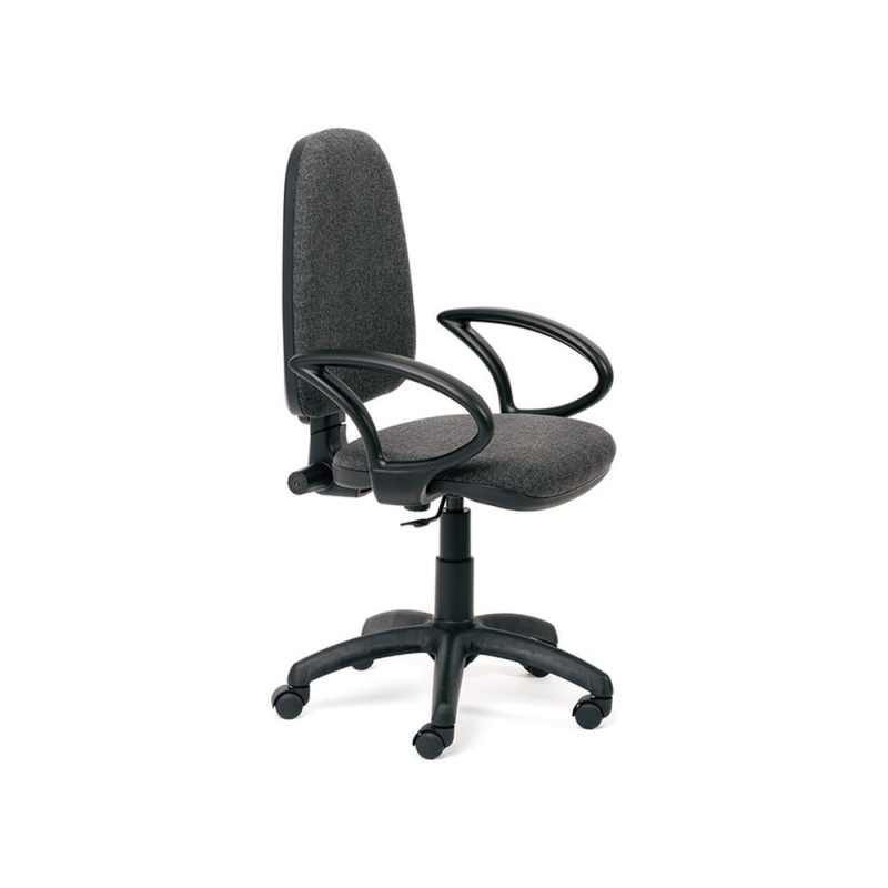 Silla rocada de oficina brazos fijos base nylon respaldo y asiento tela ignifuga gris
