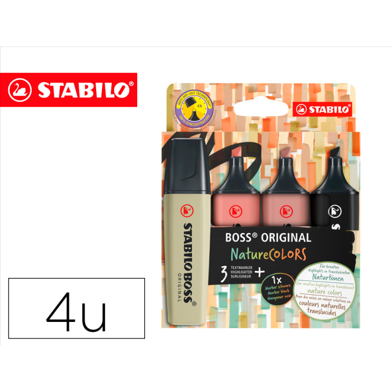 Rotulador stabilo boss pastel fluorescente nature 70 colors estuche de 4 unidades colores surtidos