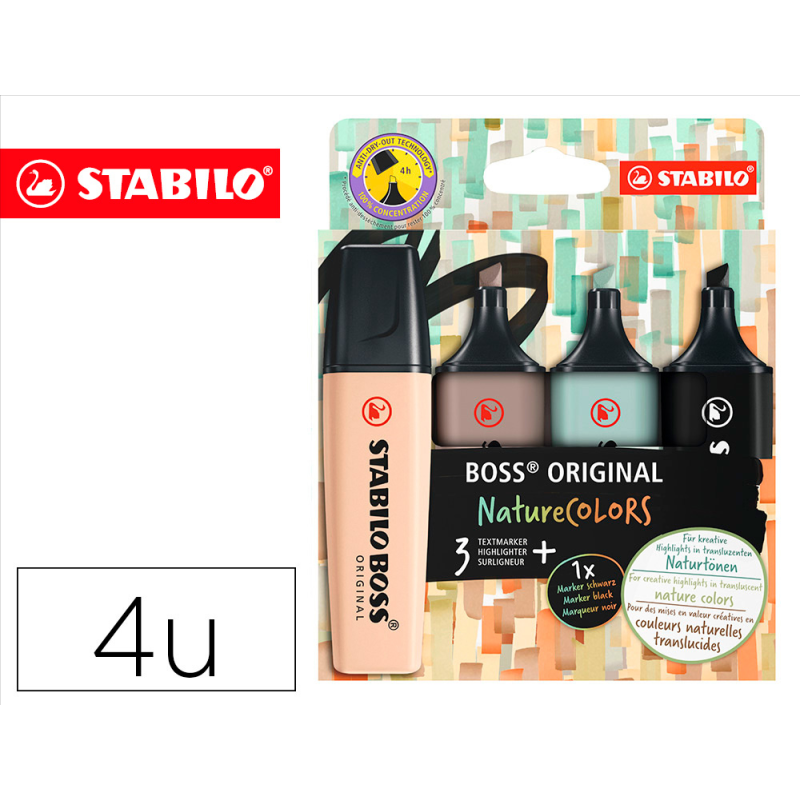 Rotulador stabilo boss pastel fluorescente 70 nature colors estuche de 4 unidades colores surtidos