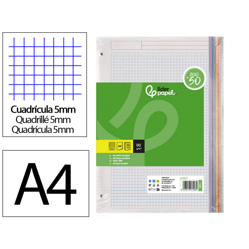 Recambio liderpapel a4 200+50 hojas 90gr cuadro 5mm 4 taladros bandas de 5 colores