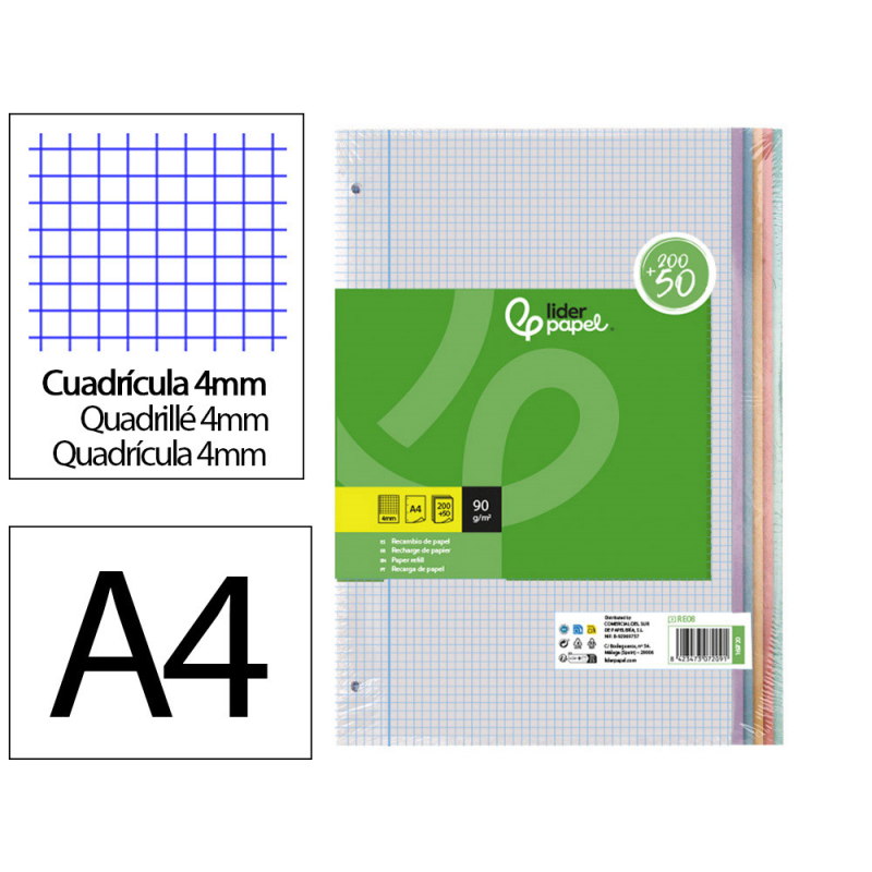 Recambio liderpapel a4 200+50 hojas 90gr cuadro 4mm con margen 4 taladros