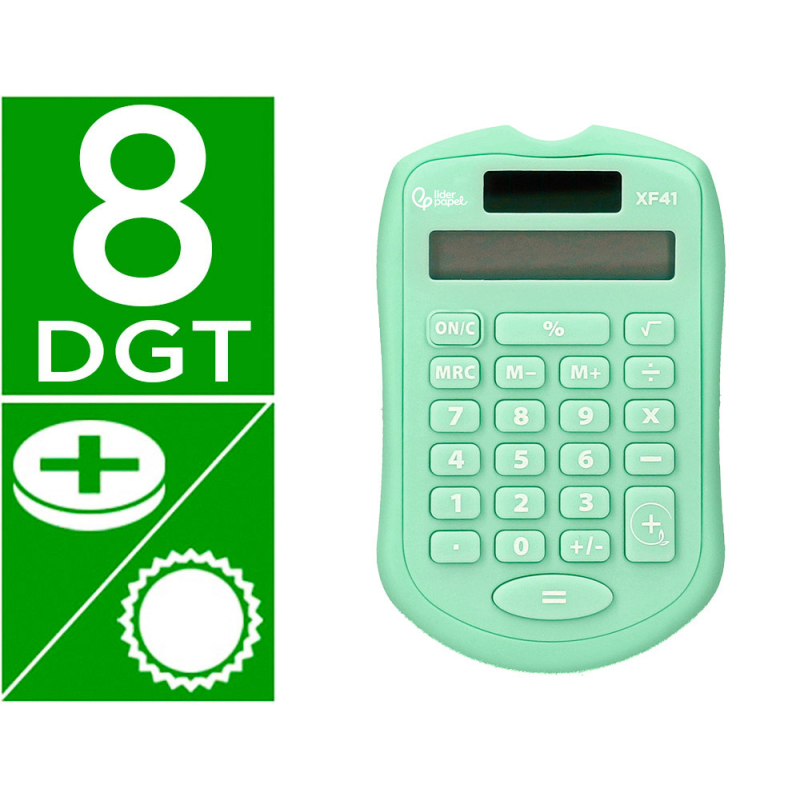Calculadora liderpapel bolsillo xf42 8 digitos solar y pilas color verde 94x59,5x10,5mm