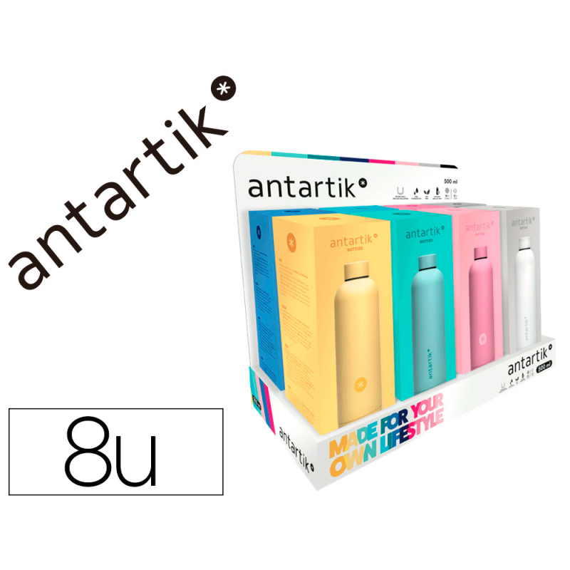Botella antartik isotermica acero inoxidable libre de bpa 750ml expositor con 8 botellas