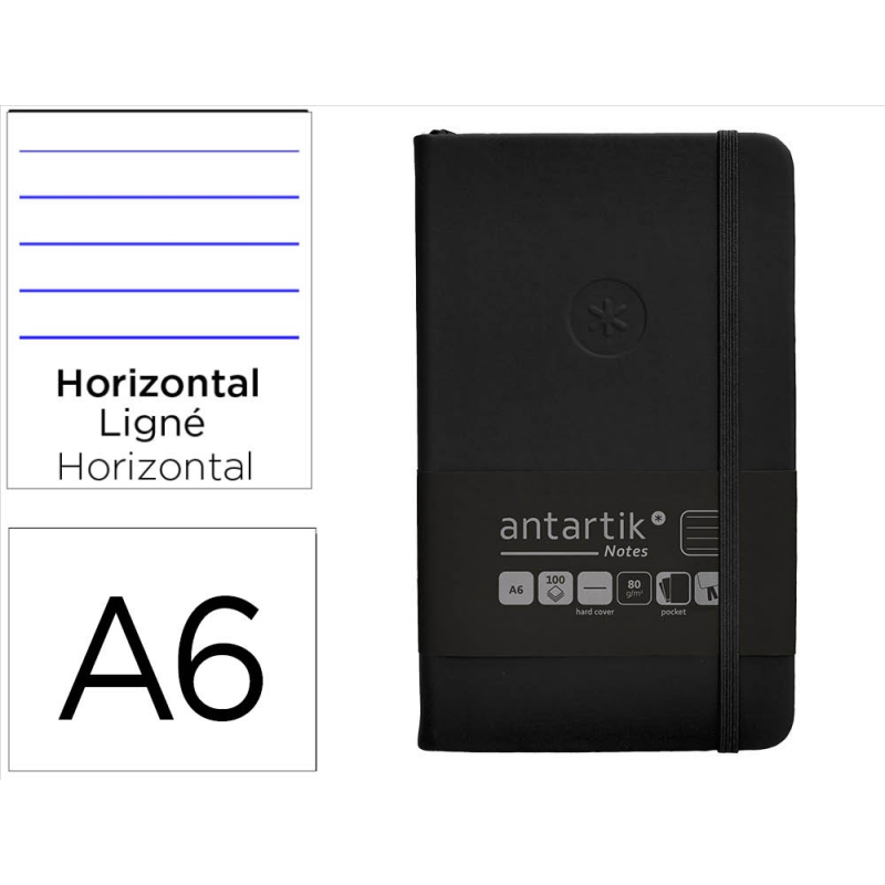 Cuaderno con gomilla antartik notes tapa dura a6 hojas rayas negro 100 hojas 80 gr fsc