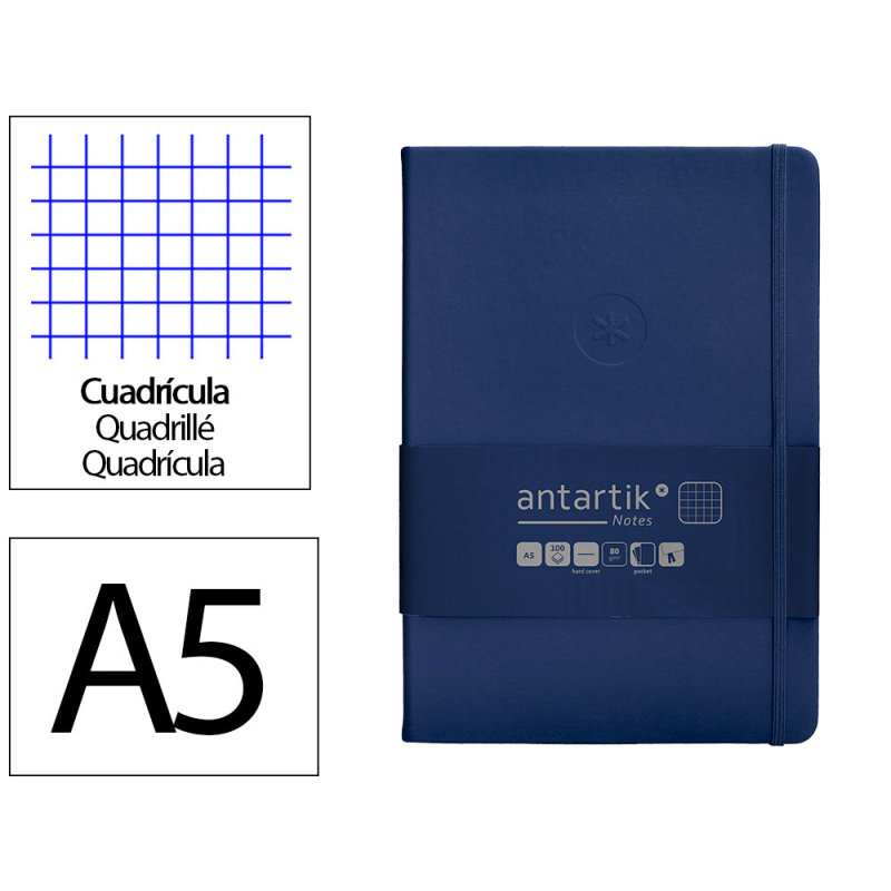 Cuaderno con gomilla antartik notes tapa dura a5 hojas cuadricula azul marino 100 hojas 80 gr fsc